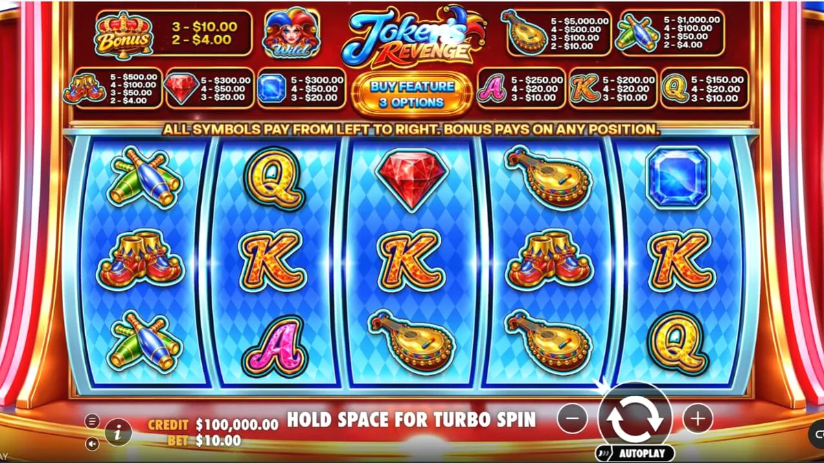 Interface do slot Joker’s Revenge com elementos temáticos de arlequim e cores vibrantes