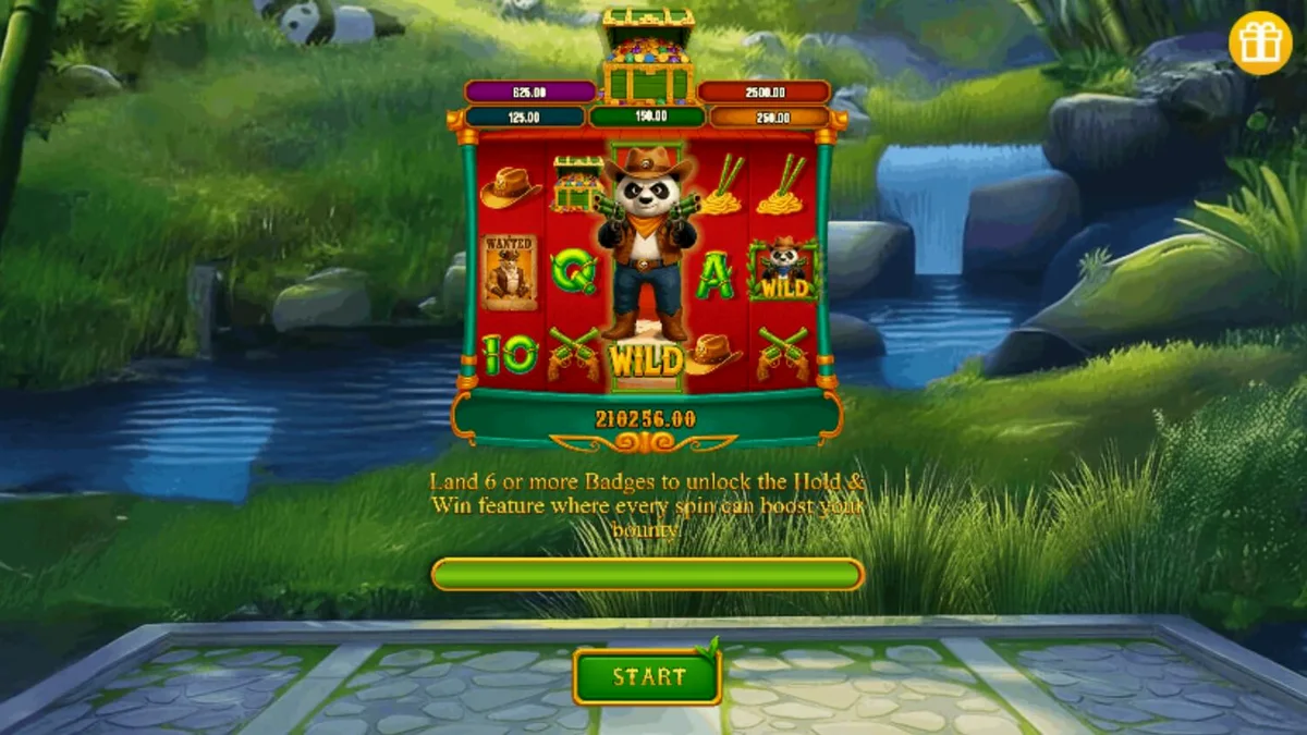 Captura de tela do jogo Cowboy Panda Hold & Spin mostrando o panda caubói e os cilindros cheios de símbolos temáticos.