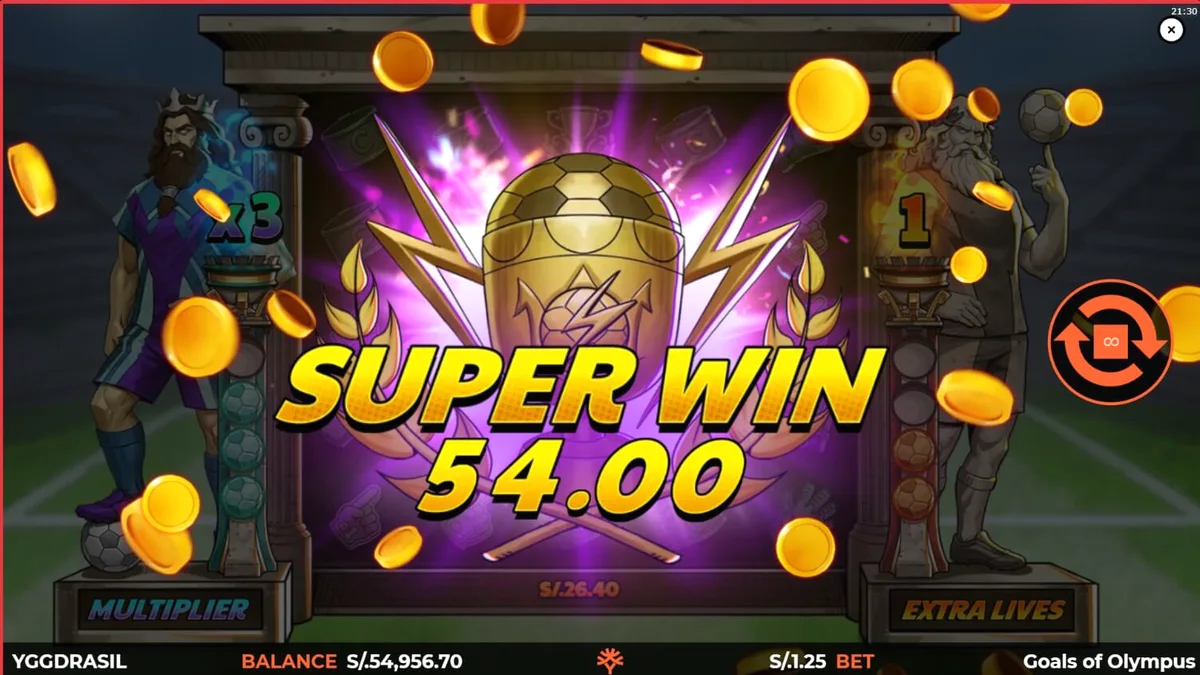 Interface do slot Goals of Olympus BoltLock mostrando a grade 5x5 e elementos de futebol e mitologia grega.